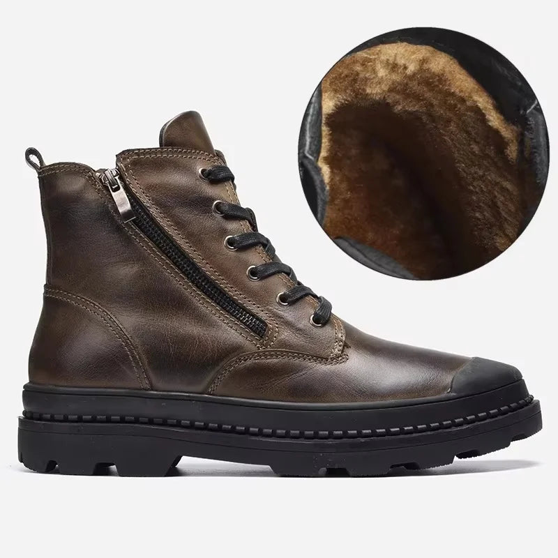 Boots with Vintage Men's Leather Lace and Zip Closure for Warm, Sturdy and Durable