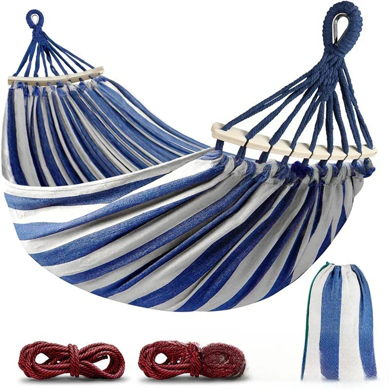 Double Canvas Hammock with Wooden Spreaders for Outdoors