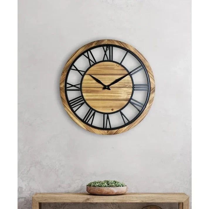 Clock with Rustic Wooden Wall Roman Numerals for Living Room or Hall