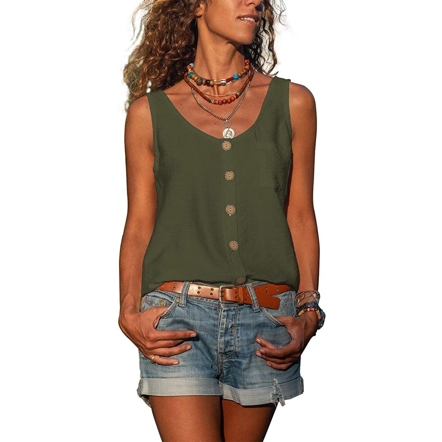 Ladies' Tank Top with Button Detail and Round Neck Summer Top
