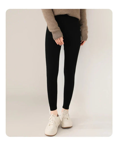 Knitted Pure Wool Leggings with High Waist for Fine Knit Ladies' Leggings in Neutral Shade