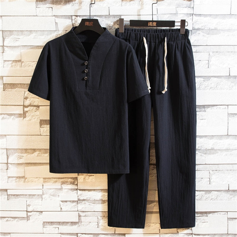 Set with Men's Linen Summer Short Sleeves and Trousers