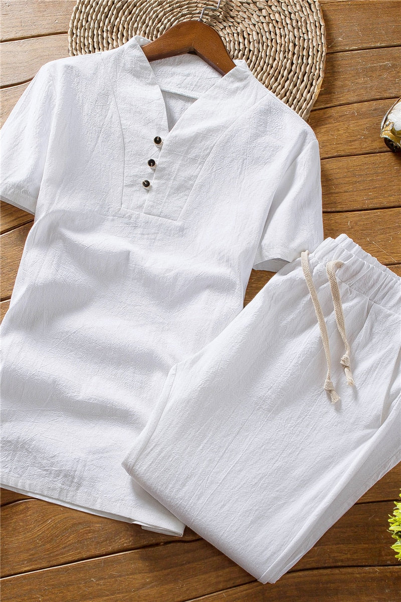 Set with Men's Linen Summer Short Sleeves and Trousers
