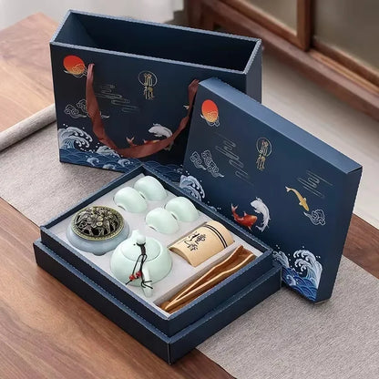 Tea Set with Traditional Ceramic Teapot, Cups, and Incense Holder for Relaxing Tea Moments