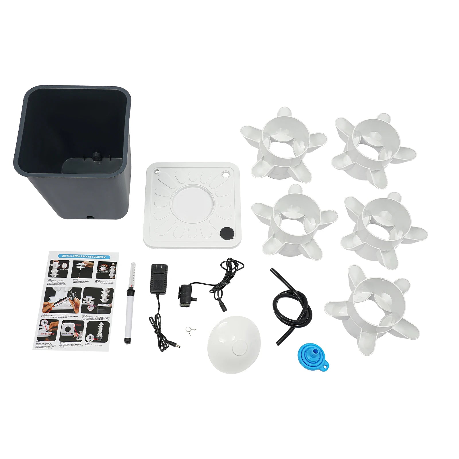 Hydroponic tower accessories including pump adapter and water gauge