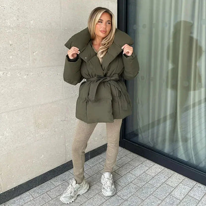 Stand with Ladies Padded Winter Jacket with Belt and Up Collar with Warm and Stylish Design