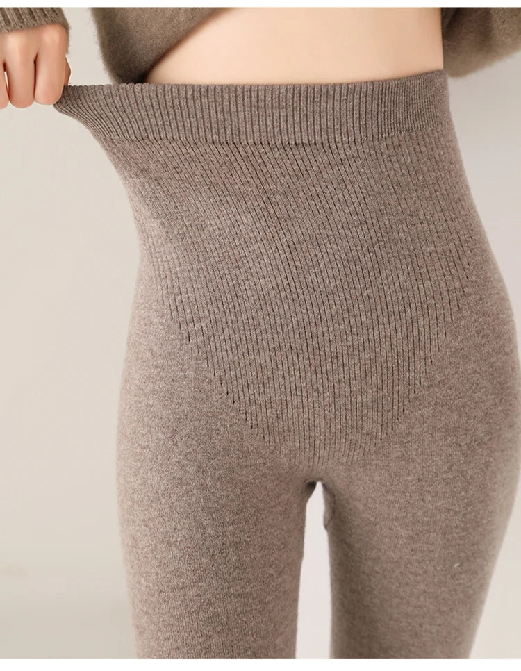 Knitted Pure Wool Leggings with High Waist for Fine Knit Ladies' Leggings in Neutral Shade