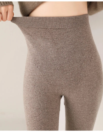 Knitted Pure Wool Leggings with High Waist for Fine Knit Ladies' Leggings in Neutral Shade