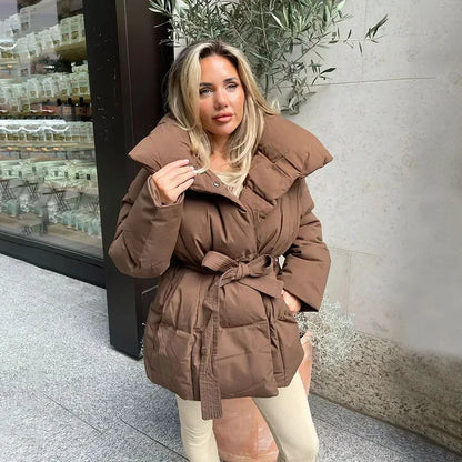 Stand with Ladies Padded Winter Jacket with Belt and Up Collar with Warm and Stylish Design