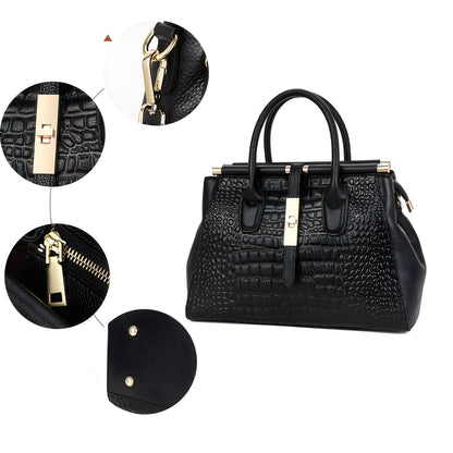 Ladies' Leather Handbag with Alligator Relief and Multiple Compartments
