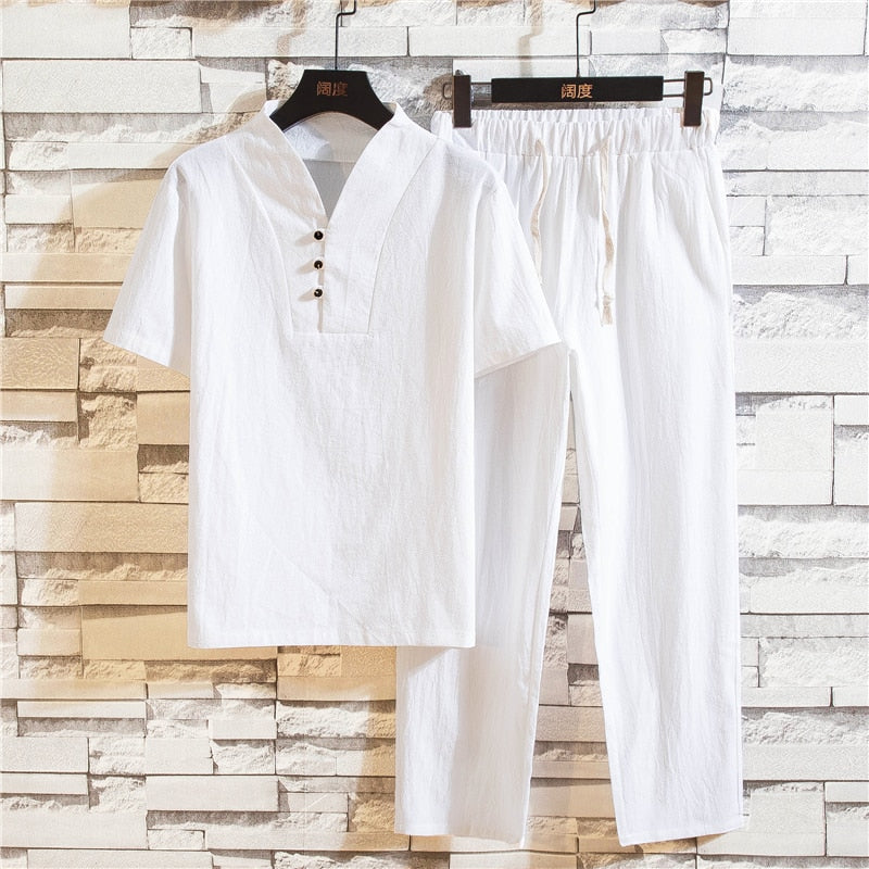 Set with Men's Linen Summer Short Sleeves and Trousers
