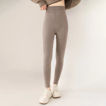 Knitted Pure Wool Leggings with High Waist for Fine Knit Ladies' Leggings in Neutral Shade
