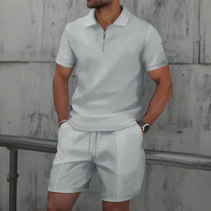 Set with Men's Summer Zip Collar Polo and Comfortable Shorts