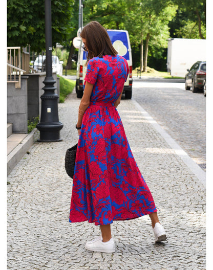 Light Floral Print Summer Dress for Women with Waistband and Split