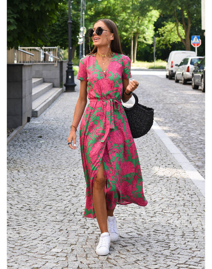 Light Floral Print Summer Dress for Women with Waistband and Split