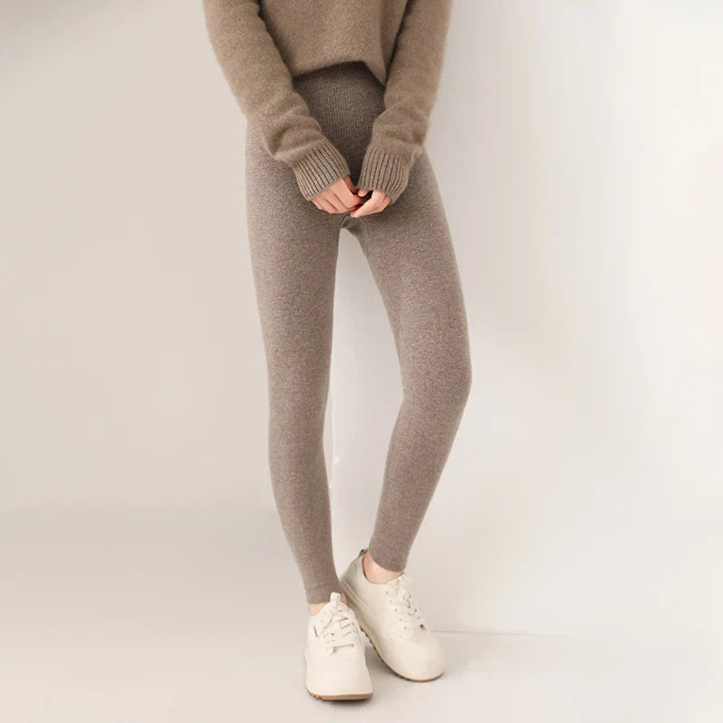 Knitted Pure Wool Leggings with High Waist for Fine Knit Ladies' Leggings in Neutral Shade