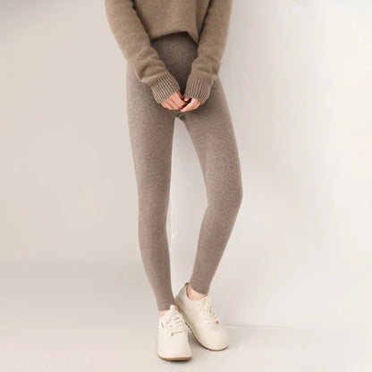 Knitted Pure Wool Leggings with High Waist for Fine Knit Ladies' Leggings in Neutral Shade