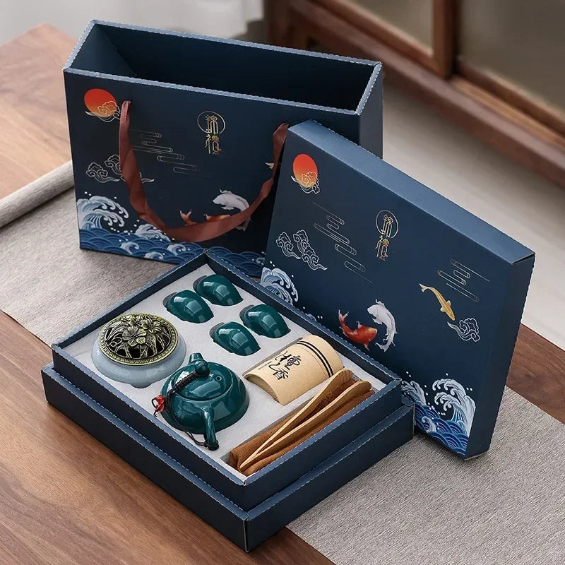 Tea Set with Traditional Ceramic Teapot, Cups, and Incense Holder for Relaxing Tea Moments