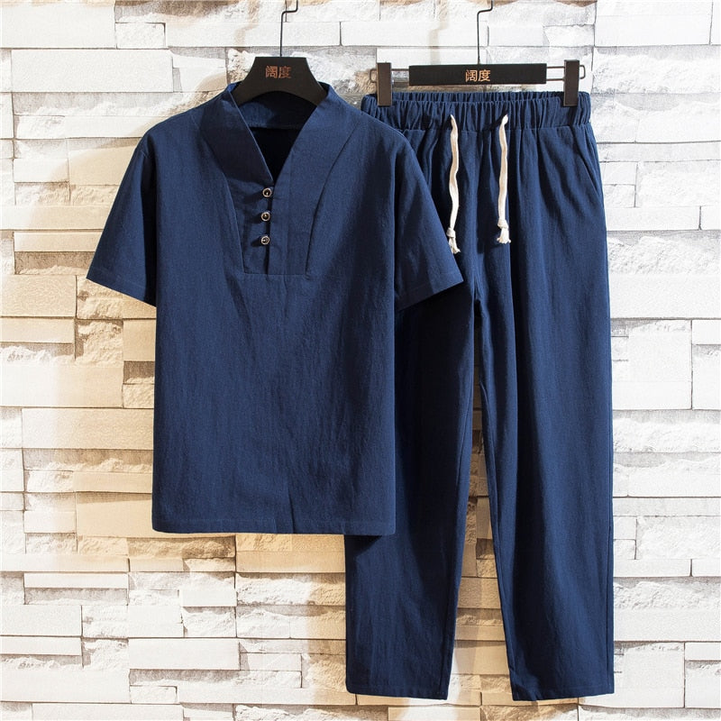 Set with Men's Linen Summer Short Sleeves and Trousers