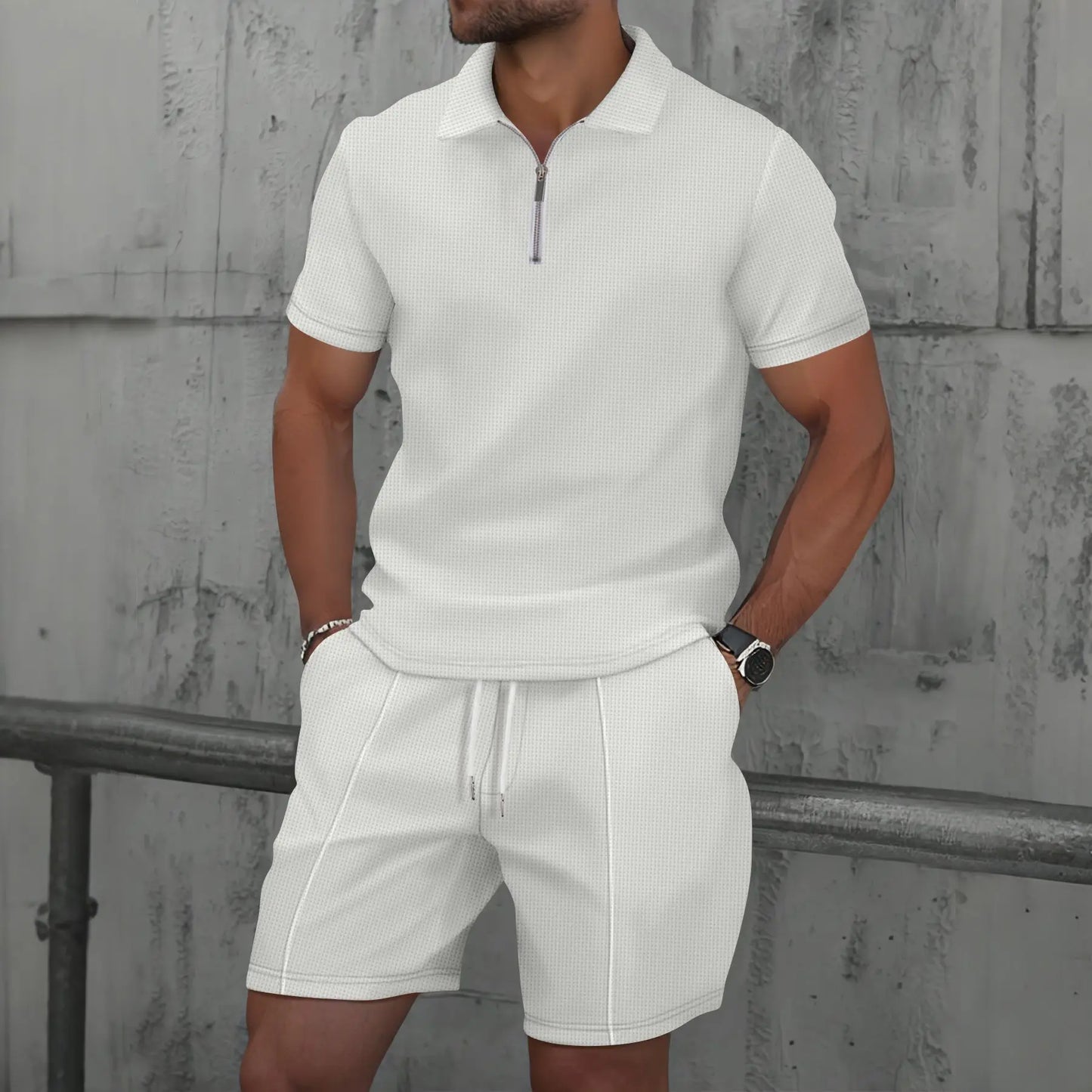 Set with Men's Summer Zip Collar Polo and Comfortable Shorts