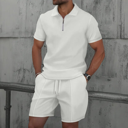 Set with Men's Summer Zip Collar Polo and Comfortable Shorts