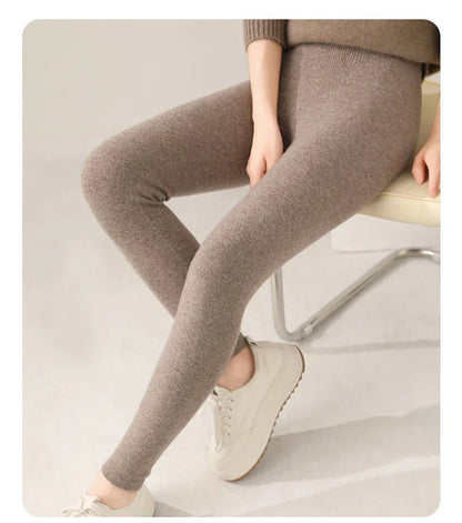 Knitted Pure Wool Leggings with High Waist for Fine Knit Ladies' Leggings in Neutral Shade