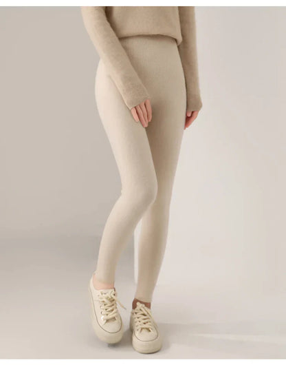 Knitted Pure Wool Leggings with High Waist for Fine Knit Ladies' Leggings in Neutral Shade
