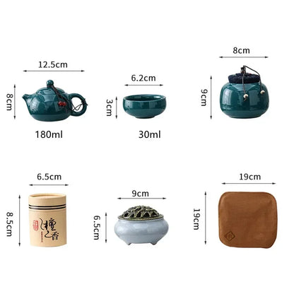 Tea Set with Traditional Ceramic Teapot, Cups, and Incense Holder for Relaxing Tea Moments