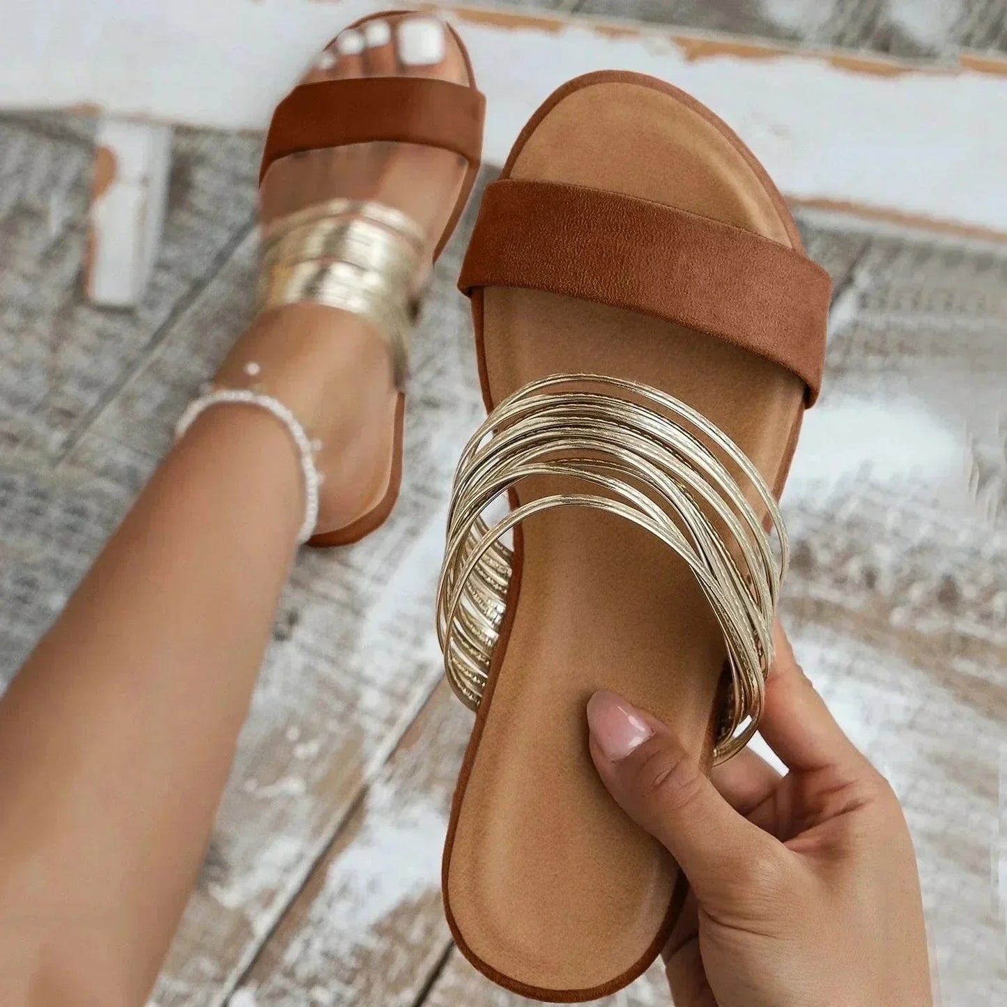 Sandals with Ladies Slip-on Comfortable Sole and Decorative Strap Rings
