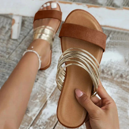 Sandals with Ladies Slip-on Comfortable Sole and Decorative Strap Rings
