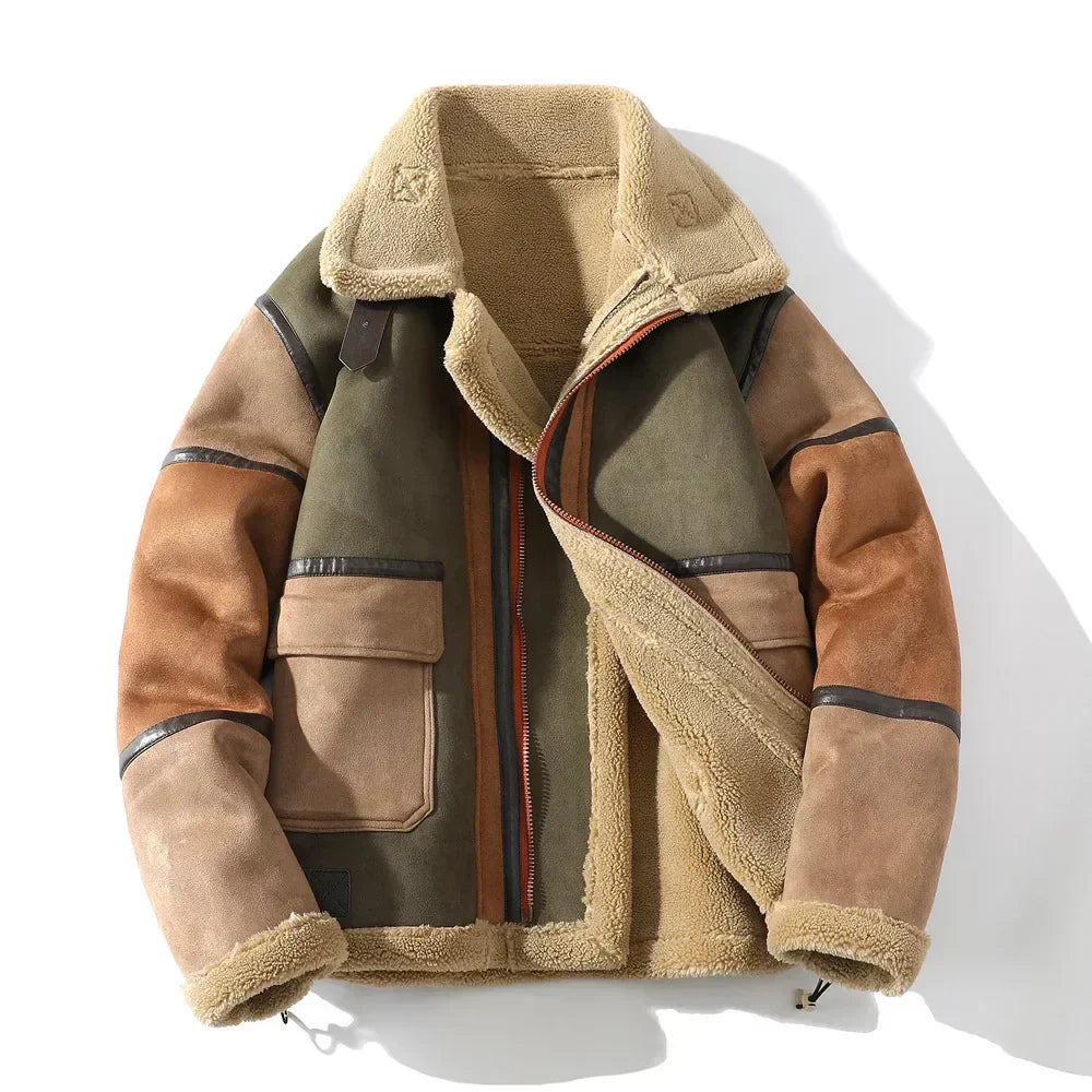 Men's Shearling Jacket with Colour Block for Warmly Lined and Relaxed