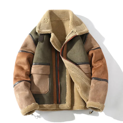 Men's Shearling Jacket with Colour Block for Warmly Lined and Relaxed