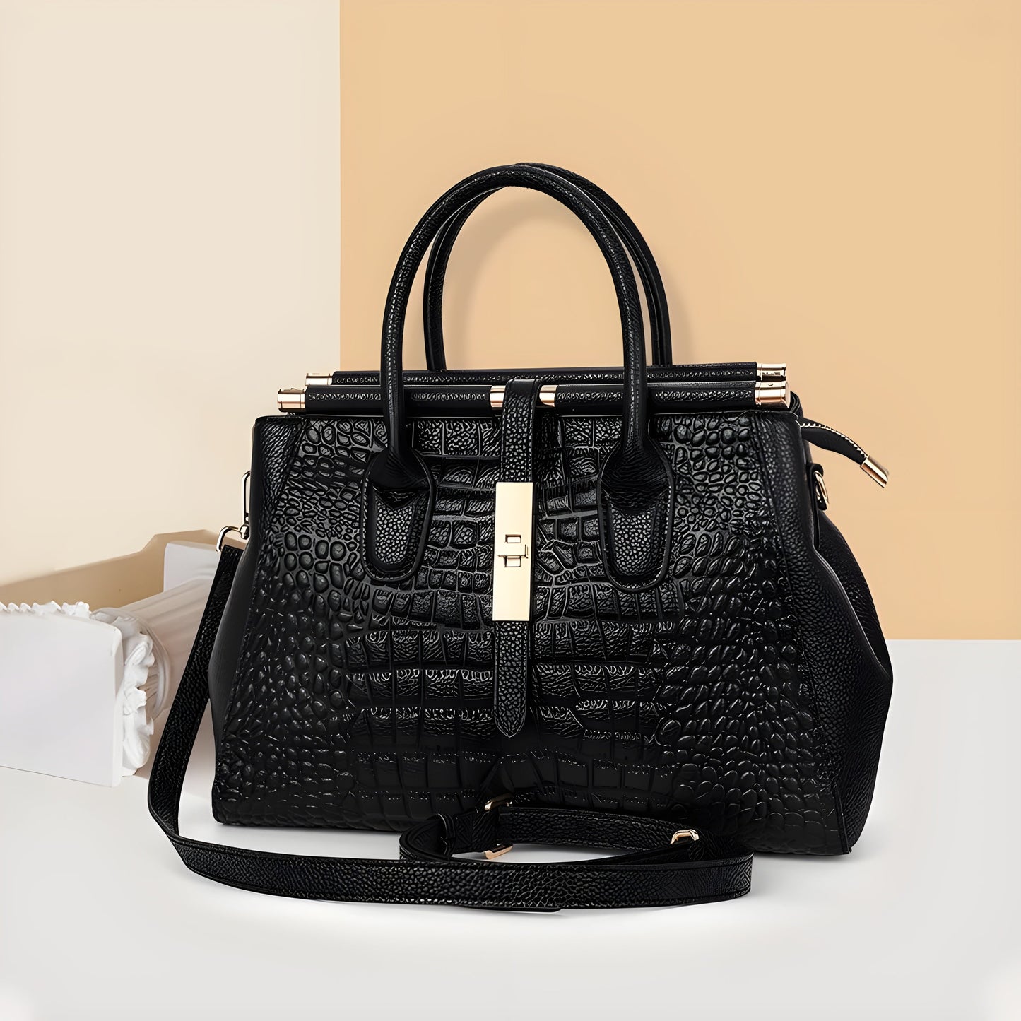 Ladies' Leather Handbag with Alligator Relief and Multiple Compartments