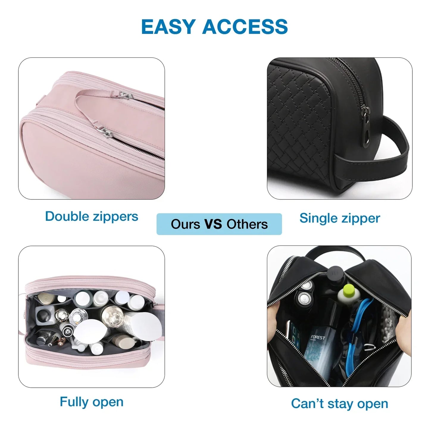 Bag with Water-Resistant Toiletry Multiple Compartments and Zips for Practical for Travel