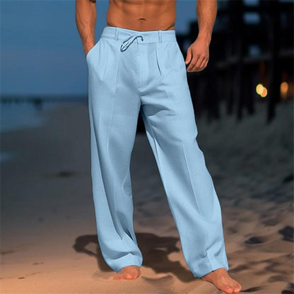 Men's Linen Trousers with Relaxed Fit and Adjustable Waist