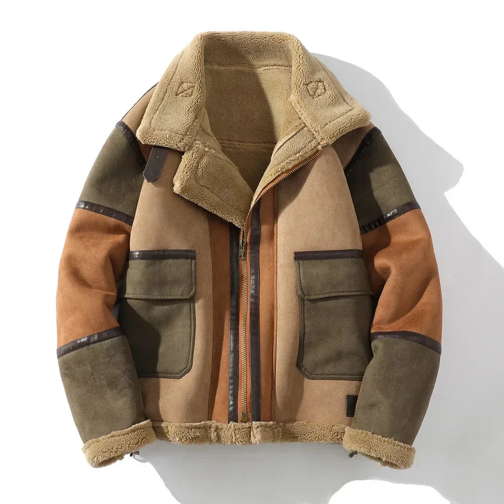Men's Shearling Jacket with Colour Block for Warmly Lined and Relaxed