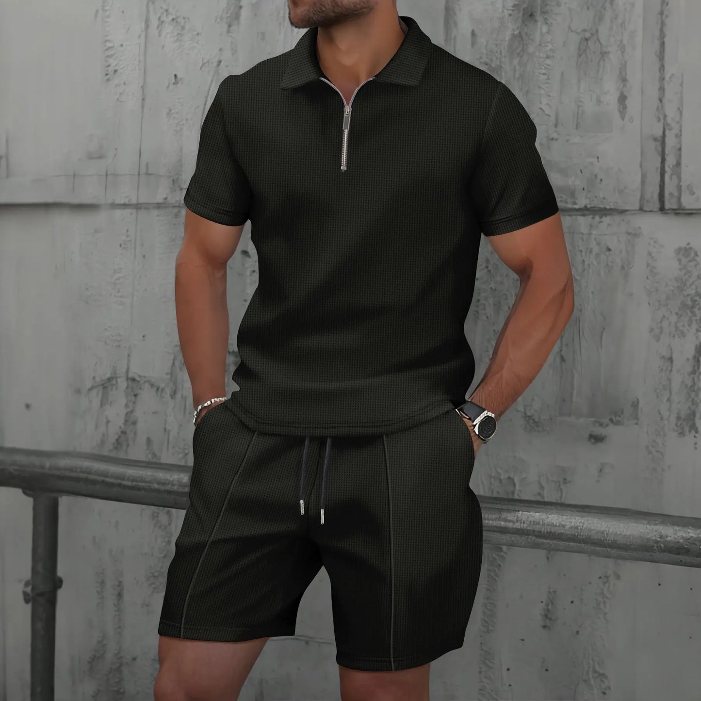 Set with Men's Summer Zip Collar Polo and Comfortable Shorts