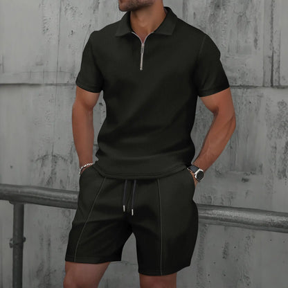 Set with Men's Summer Zip Collar Polo and Comfortable Shorts