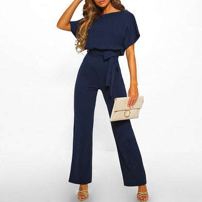 Elegant Ladies' Jumpsuit with Short Sleeves and Waist Belt for Comfortable and Stylish