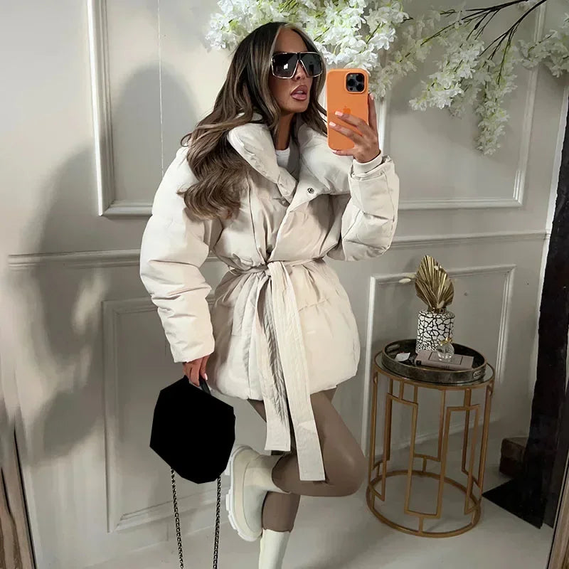 Stand with Ladies Padded Winter Jacket with Belt and Up Collar with Warm and Stylish Design