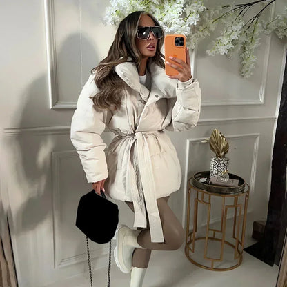 Stand with Ladies Padded Winter Jacket with Belt and Up Collar with Warm and Stylish Design