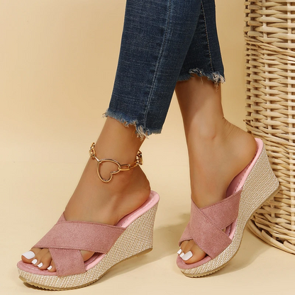 Sandals with Comfortable Ladies Wedge Cross Straps and Supportive Footbed