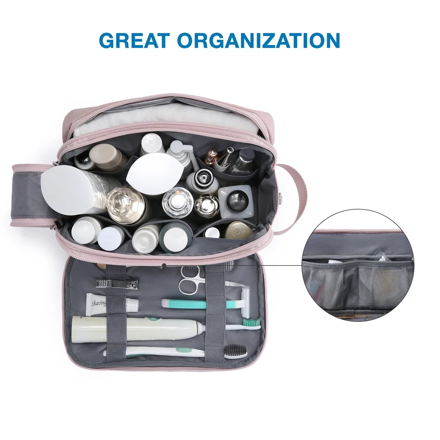 Bag with Water-Resistant Toiletry Multiple Compartments and Zips for Practical for Travel