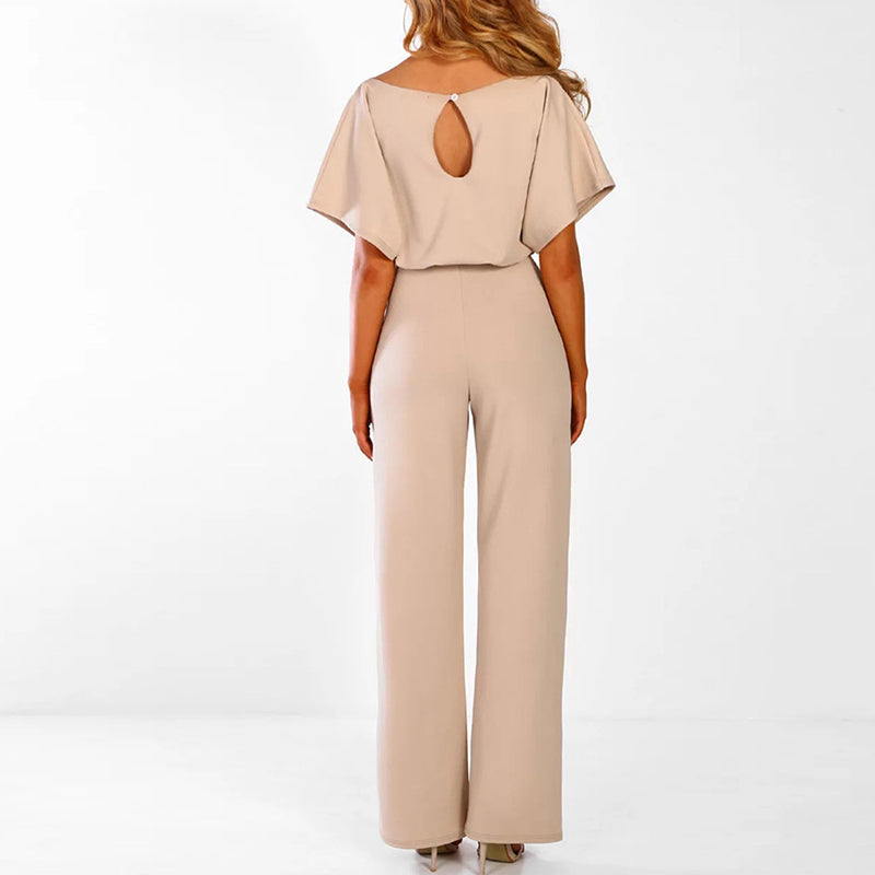 Elegant Ladies' Jumpsuit with Short Sleeves and Waist Belt for Comfortable and Stylish