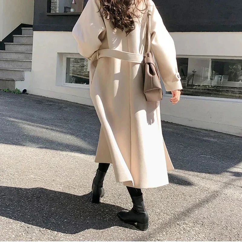 Long Ladies' Coat with Belt for Elegant and Warm for Winter