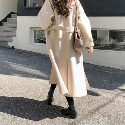 Long Ladies' Coat with Belt for Elegant and Warm for Winter