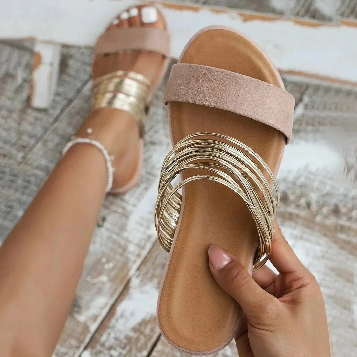 Sandals with Ladies Slip-on Comfortable Sole and Decorative Strap Rings