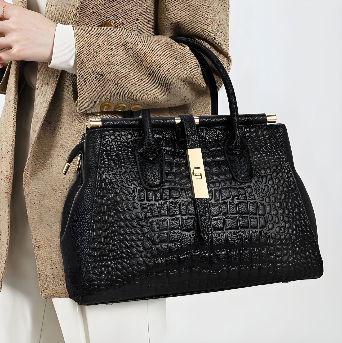 Ladies' Leather Handbag with Alligator Relief and Multiple Compartments