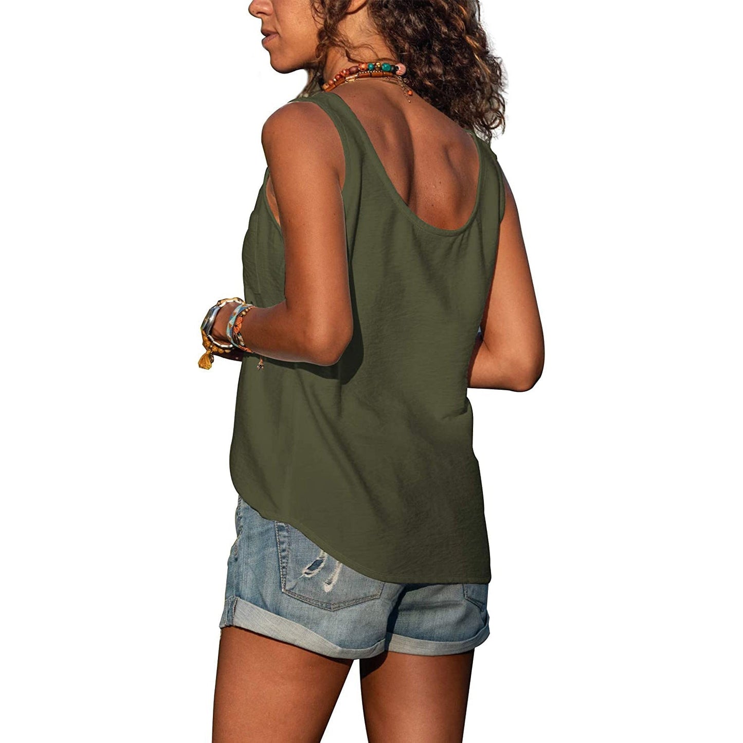 Ladies' Tank Top with Button Detail and Round Neck Summer Top