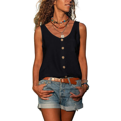 Ladies' Tank Top with Button Detail and Round Neck Summer Top